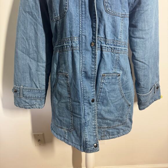 North Style Jacket Women M Blue Denim Quilted Hood Chore Jacket Sherpa Pocket - Picture 6 of 14